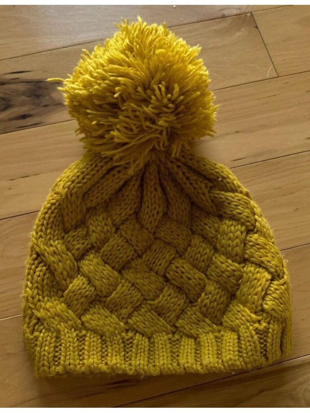 Oversize Pompom Hand Knit Handmade Slouchy Toque Beanie Cable Mustard